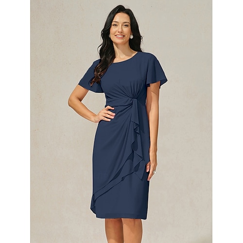  Robe à Plusieurs Couches Femme Robe mi-longue Noeud torsadé robe demoiselle d honneur Soirée Cocktail Elégant Grande occasion Col Ras du Cou Manche Courte Standard Bleu de minuit S M L XL XXL