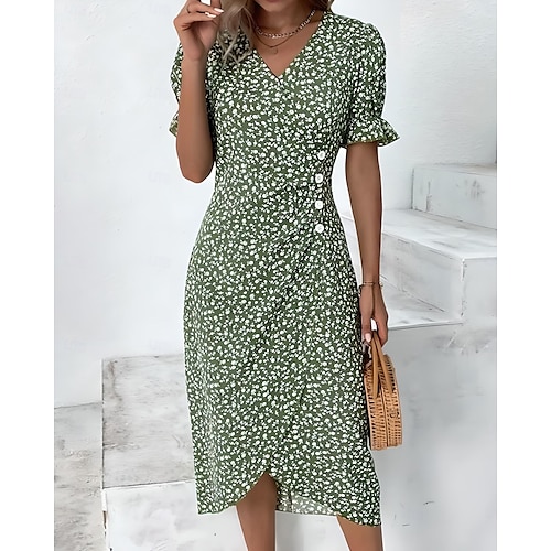 Women's Midi Dress Wrap Dress Summer Dress Vacation Casual Beach Daily Holiday Going out Regular Fit Floral Short Sleeve V Neck Black Pink Blue Green Summer Spring