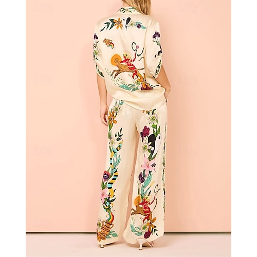  Femmes Mode Streetwear Ensembles de Pantalons Manche Courte Col de chemise Fleuri Imprimé Tenue quotidienne Date Beige Été Coupe régulière