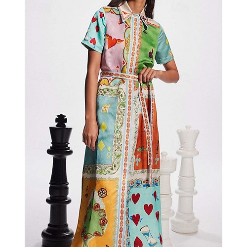  Damen Langes Kleid Maxikleid Baumwoll-Leinen-Kleider Freizeitkleid Mode Outdoor Party Ferien Normale Passform Farbblock Kurzarm Hemdkragen Blau Sommer