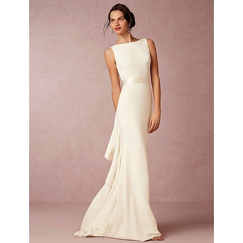 Matrimonio in Spiaggia Hall Abiti da Matrimonio Casual con Scollo Profondo Senza Maniche Strascico/Brosse in Tessuto Elasticizzato Abiti da Sposa con Drappeggio