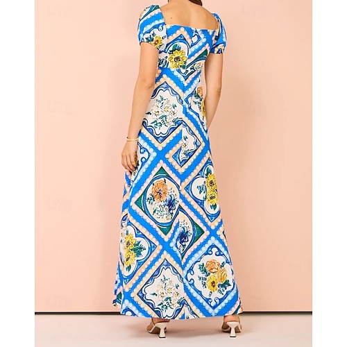  Damen Langes Kleid Maxikleid Baumwoll-Leinen-Kleider Freizeitkleid Mode Outdoor Party Ferien Normale Passform Blume Kurzarm Quadrathals Blau Sommer