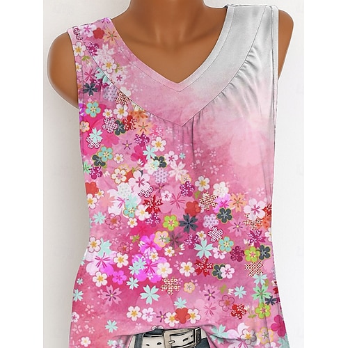  Femmes Débardeur caraco Fleuri Graphique ancien Tropical Élégant Sans manches Col en V Hauts Longs Quotidien Imprimé Rose Claire Bleu Vert Été Printemps