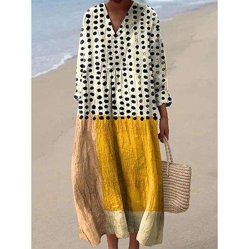  Robe mi-longue femme à col en V manches longues caftan léger coupe ample robe évasée décontractée boho sortie graphique géométrique à rayures manches longues col en V rouge orange noir jaune rose