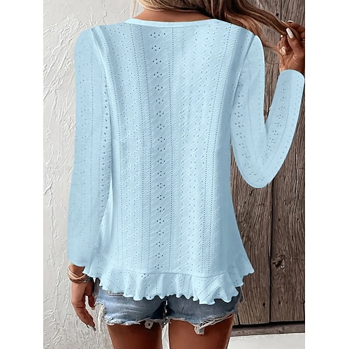  Women's Blouse Solid Color Stylish Casual Long Sleeve Crew Neck Regular Tops Daily Ruffle Eyelet White Yellow Blue Green Summer Spring