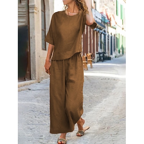 Conjuntos de lino y algodón para mujer, conjuntos de dos piezas, color puro, elegantes, casuales, cómodos, para el hogar, uso diario, primavera y otoño.