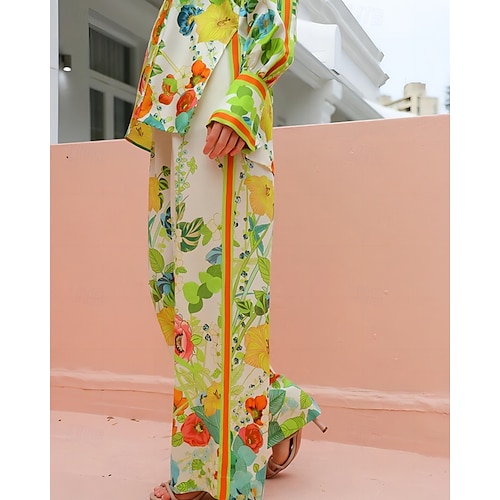  Femmes Mode Streetwear Ensembles de Pantalons manche longue Col de chemise Fleuri Imprimé Tenue quotidienne Date Vert Claire Été Coupe régulière