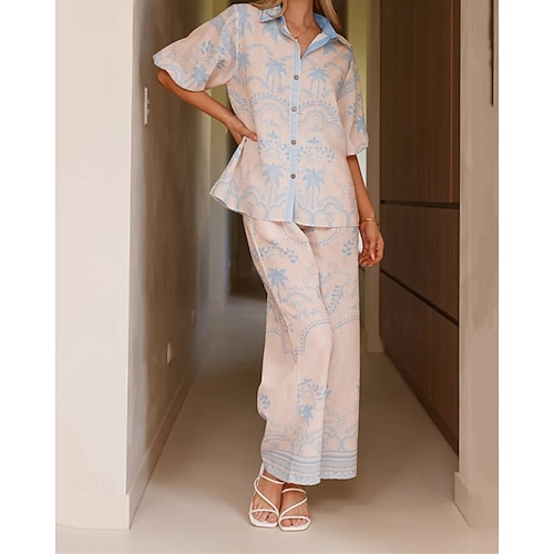  Per donna Moda Streetwear Set di biancheria in cotone Set di Pantaloni Manica Corta Colletto a Camicia Floreale Stampato Abbigliamento quotidiano Data Rosa Blu Estate Vestibilità regolare