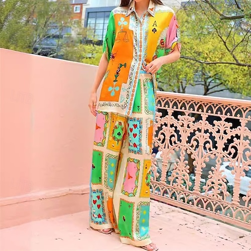  Per donna Moda Streetwear Camicie di cotone e lino Set di biancheria in cotone Set di Pantaloni Manica Corta Colletto a Camicia Blocco di colori Stampato Abbigliamento quotidiano Data Giallo Estate