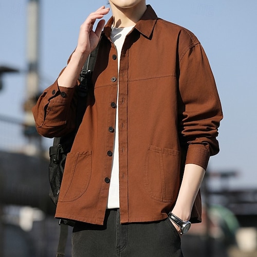  Per uomo Camicia Camicia casual Giacca camicia Semplice Vacanza Abbigliamento quotidiano Nero Arancione Verde militare Caffè Manica Lunga Bavero Primavera Autunno Abbigliamento Tasca