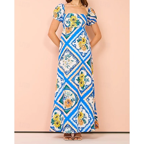  Damen Langes Kleid Maxikleid Baumwoll-Leinen-Kleider Freizeitkleid Mode Outdoor Party Ferien Normale Passform Blume Kurzarm Quadrathals Blau Sommer