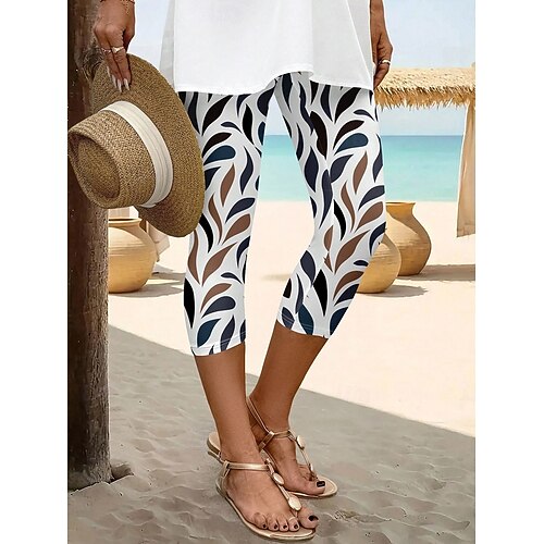  Women's Leggings Capri Pants 3D Print High Elasticity Vintage Fashion Ethnic Style Calf-Length High Waist Floral Graphic Stretchy Vacation Street Causal Robin's Egg Blue White Summer Spring Slim Fit