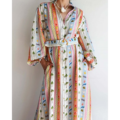  Per donna Abito Lungo Maxi Abito Abiti in cotone e lino Vestito Casual Moda All'aperto Feste Ferie Vestibilità regolare Tropicale Manica Lunga Colletto a Camicia Arancione Estate