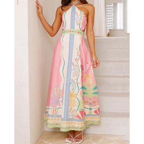  Damen Langes Kleid Maxikleid Baumwoll-Leinen-Kleider Freizeitkleid Mode Outdoor Party Ferien Normale Passform Blume Kurzarm Neckholder Rosa Sommer
