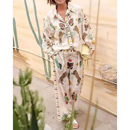  Per donna Moda Streetwear Camicie di cotone e lino Set di biancheria in cotone Set di Pantaloni Manica Lunga Colletto a Camicia Animale Stampato Abbigliamento quotidiano Data Beige Estate Vestibilit