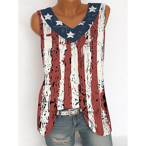 Jour de l'Indépendance Camisole Débardeur Femme Patriote Quatrième Juillet Graphic Drapeau Vintage Tropical Élégant Sans Manches Col V Long Tops Quotidien Imprimé Rouge Été Printemps