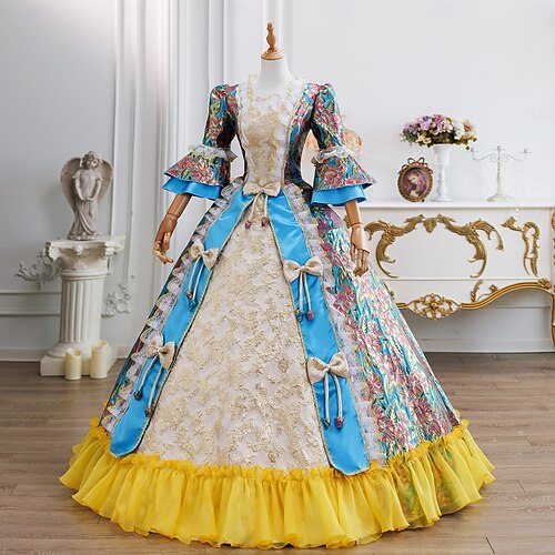 victorian princess dress up Girl's Ball Gown Round Neck 3/4 Length Sleeves Floor Length Floral  Victorian Princess Costume Cosplay Masquerade Rococo Party Dress with Lace