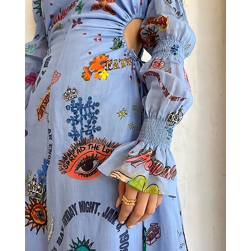  Pentru femei Rochie Lunga Rochie Maxi Rochii de in bumbac Rochie casual Modă În aer liber Petrecere Concediu Fit regulat Vopsire Manșon Lung Stil Nautic Albastru piscină Vară