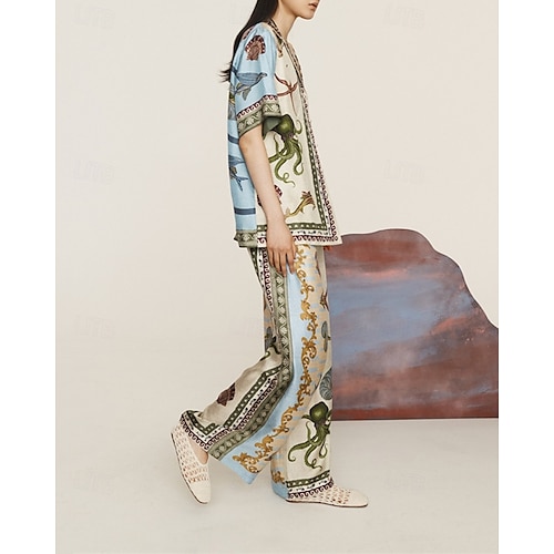  Femmes Mode Streetwear Chemises en coton et lin Ensembles en coton et lin Ensembles de Pantalons Manche Courte Col de chemise Animal Imprimé Tenue quotidienne Date Kaki Été Coupe régulière