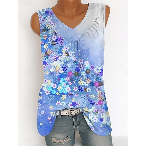  Femmes Débardeur caraco Fleuri Graphique ancien Tropical Élégant Sans manches Col en V Hauts Longs Quotidien Imprimé Rose Claire Bleu Vert Été Printemps