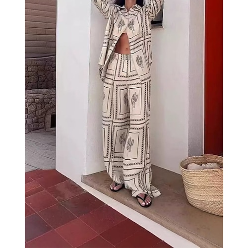  Femmes Mode Streetwear Chemises en coton et lin Ensembles en coton et lin Ensembles de Pantalons Manche Courte Col de chemise Géométrique Imprimé Tenue quotidienne Date Beige Été Coupe régulière