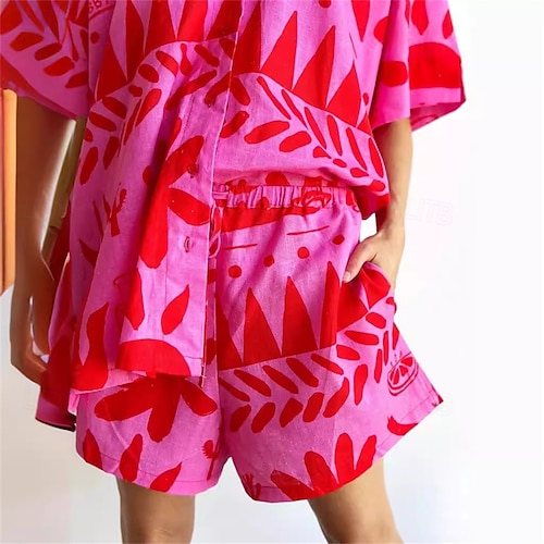  Femmes Mode Streetwear Ensembles en coton et lin Ensembles de Shorts Manche Courte Col de chemise Abstrait Imprimé Tenue quotidienne Date Rose Claire Été Coupe régulière