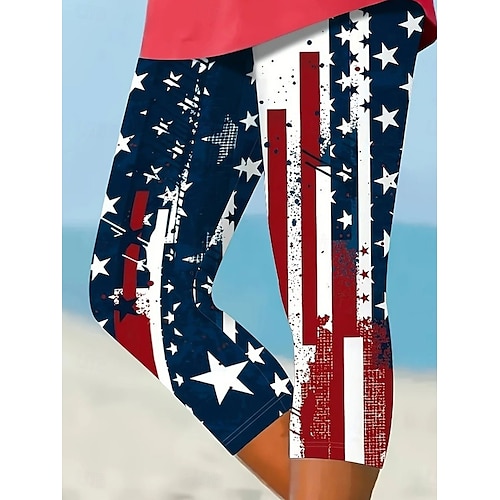  Självständighetsdagen Kvinnors patriotiska fjärde juli leggings capribyxor hög elasticitet strandshorts vintage mode grundläggande halv-lång hög midja byxor amerikansk grafisk flagga amerikansk