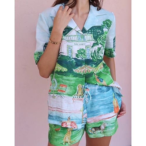  Femmes Mode Streetwear Chemises en coton et lin Ensembles en coton et lin Ensembles de Shorts Manche Courte Col de chemise Impression Imprimé Tenue quotidienne Date Bleu Été Coupe régulière