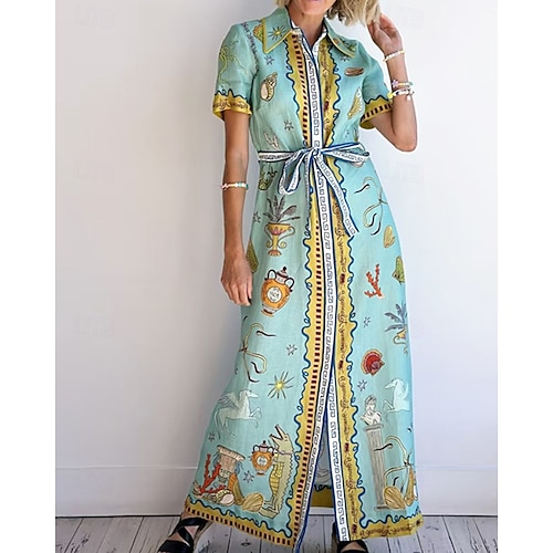  Damen Langes Kleid Maxikleid Baumwoll-Leinen-Kleider Freizeitkleid Mode Outdoor Party Ferien Normale Passform Tropisch Kurzarm Hemdkragen Blau Sommer