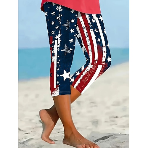  Självständighetsdagen Kvinnors patriotiska fjärde juli leggings capribyxor hög elasticitet strandshorts vintage mode grundläggande halv-lång hög midja byxor amerikansk grafisk flagga amerikansk
