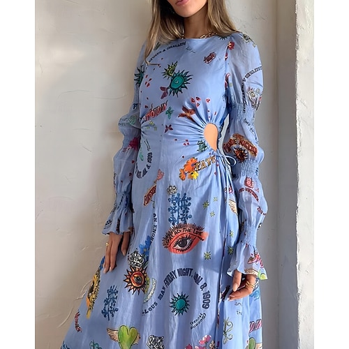  Pentru femei Rochie Lunga Rochie Maxi Rochii de in bumbac Rochie casual Modă În aer liber Petrecere Concediu Fit regulat Vopsire Manșon Lung Stil Nautic Albastru piscină Vară