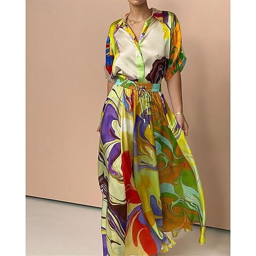  Damen Mode Streetwear Rock-Sets Halbarm Hemdkragen Abstrakt Druck Alltagskleidung Date Grün Sommer Normale Passform