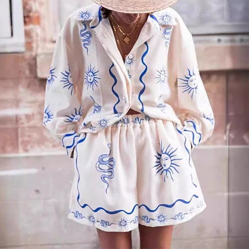  Per donna Moda Streetwear Camicie di cotone e lino Set di biancheria in cotone Set di Pantaloncini Manica Lunga Colletto a Camicia Tinta a nodi Stampato Abbigliamento quotidiano Data Bianco Estate