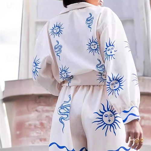  Per donna Moda Streetwear Camicie di cotone e lino Set di biancheria in cotone Set di Pantaloncini Manica Lunga Colletto a Camicia Tinta a nodi Stampato Abbigliamento quotidiano Data Bianco Estate