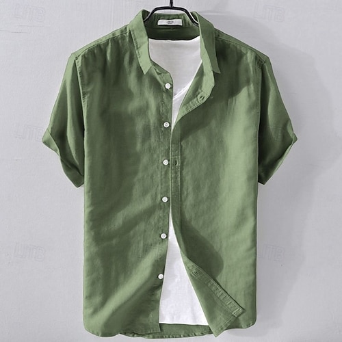  Men's Shirt Linen Shirt Casual Shirt Cotton Shirt Plain Vacation Street White Sky Blue Army Green Dark Blue Short Sleeve Turndown Summer Clothing Apparel Button-Down