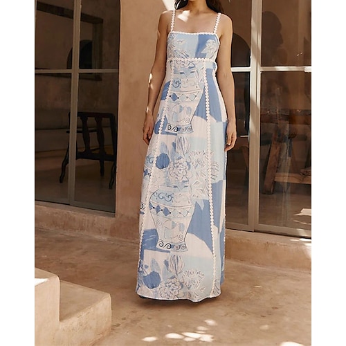  Damen Langes Kleid Maxikleid Baumwoll-Leinen-Kleider Freizeitkleid Mode Outdoor Party Ferien Normale Passform Blume Kurzarm Spaghettiträger Blau Sommer