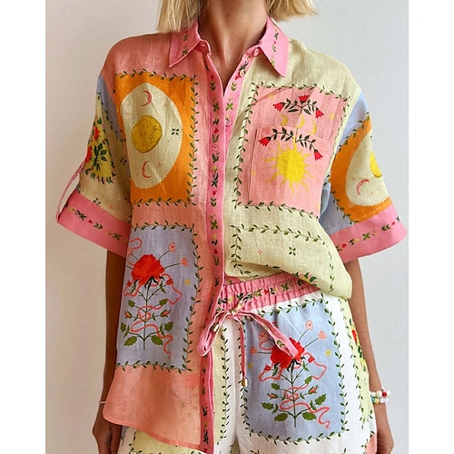  Per donna Moda Streetwear Set di biancheria in cotone Set di Pantaloni Mezza Manica Colletto a Camicia Floreale Stampato Abbigliamento quotidiano Data Rosa Estate Vestibilità regolare