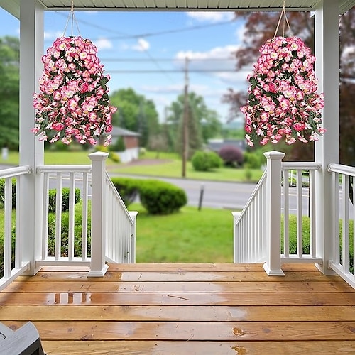  Pachet de 2 flori artificiale false, plante suspendate pentru exterior, decor de primăvară-vară, din mătase artificială, rezistente la UV, viță de vie realistă, pentru verandă, terasă, balcon