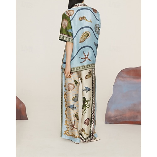 Femmes Mode Streetwear Chemises en coton et lin Ensembles en coton et lin Ensembles de Pantalons Manche Courte Col de chemise Animal Imprimé Tenue quotidienne Date Kaki Été Coupe régulière