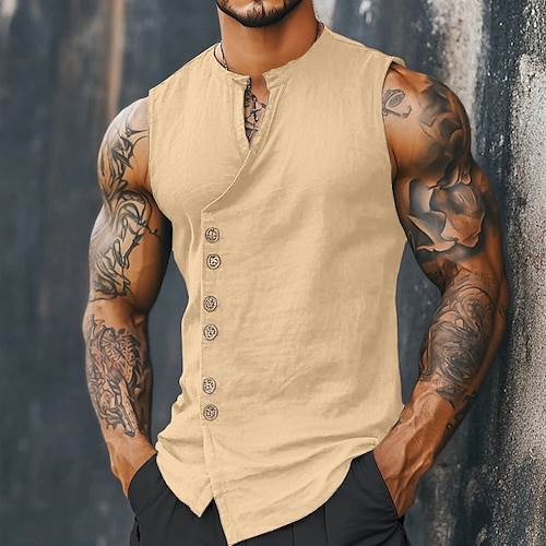  Per uomo Camicia Camicia di lino Camicia Estiva Camicia da Spiaggia Camicia vintage Maglietta senza maniche Semplice Quotidiano Abbigliamento casual alla moda Nero Bianco Azzurro cielo Cachi Senza