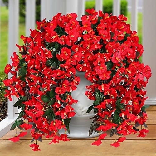  Pachet de 2 flori artificiale false, plante suspendate pentru exterior, decor de primăvară-vară, din mătase artificială, rezistente la UV, viță de vie realistă, pentru verandă, terasă, balcon