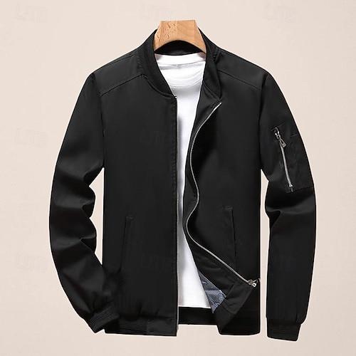 Hombre Chaqueta de bombardero Chaqueta de transición Deporte Resistente al Viento Estilo clásico Todas las Temporadas Color sólido Clásico Cuello redondo Regular Negro Rojo Verde Trébol Color Caqu