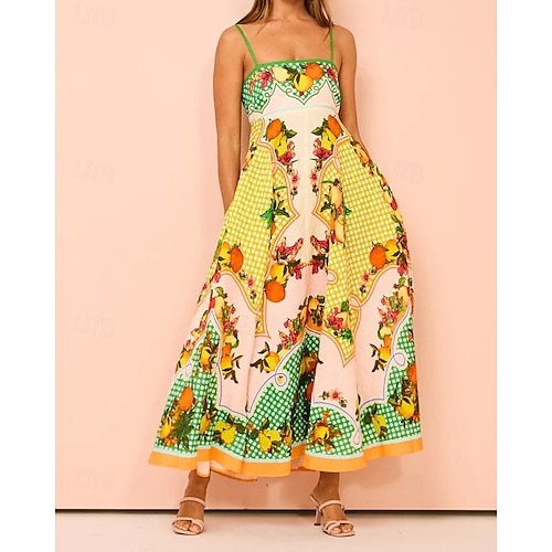  Damen Langes Kleid Maxikleid Baumwoll-Leinen-Kleider Freizeitkleid Unterkleid Mode Outdoor Party Ferien Normale Passform Frucht Ärmellos Spaghettiträger Gelb Sommer