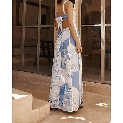  Damen Langes Kleid Maxikleid Baumwoll-Leinen-Kleider Freizeitkleid Mode Outdoor Party Ferien Normale Passform Blume Kurzarm Spaghettiträger Blau Sommer