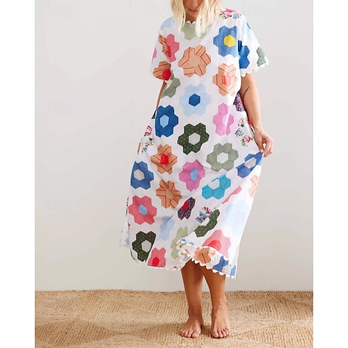  Dam Långklänning Maxiklänning Klänningar i bomullslinne Vardagsklänning Mode Utomhus Fest Helgdag Normal Blomma Kortärmad Rund hals Vit Sommar