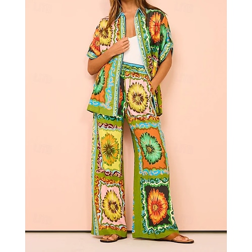  Femmes Mode Streetwear Chemises en coton et lin Ensembles de Pantalons Manche Courte Col de chemise Fleuri Imprimé Tenue quotidienne Date Vert Été Coupe régulière