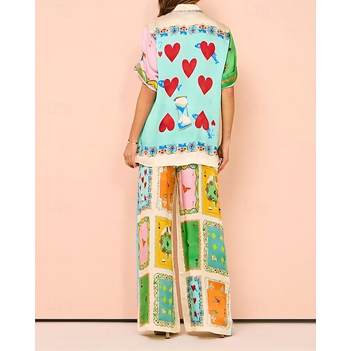  Femmes Mode Streetwear Chemises en coton et lin Ensembles en coton et lin Ensembles de Pantalons Manche Courte Col de chemise Bloc de Couleur Impression Imprimé Tenue quotidienne Date Jaune Été Coupe