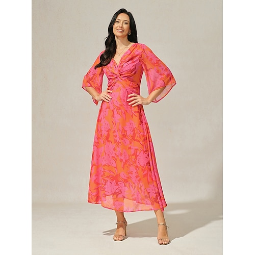  Per donna Vestito maxi Abito linea A Elegante Manica svasata Invitati del matrimonio Cocktail party Standard Floreale Manica a 3/4 A V Rosso Estate