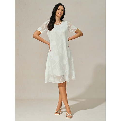  Dame Mini kjole Chiffonkjoler Elegant Fritid Løstsittende Blomstret Kortermet Crew-hals Hvit Sommer