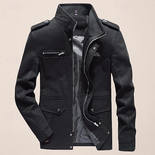 Per uomo Giacca utility Giacca di transizione Uscire Tasca con cerniera Primavera & Autunno Tinta unita Militare Colletto Mao Regolare Cotone Vestibilità regolare Nero Verde militare Cachi Giacca